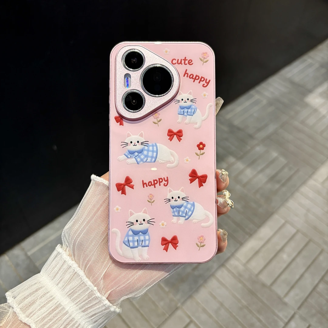 苹果/华为/oppo/vivo/小米 小红花猫咪适用pura70肤感玻璃手机壳