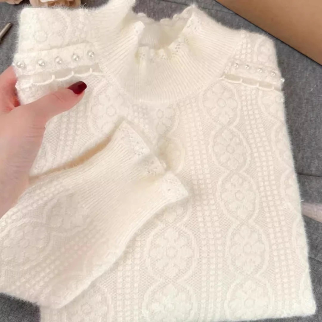 【不起球】秋冬新款半高领钉珠蕾丝拼接毛衣内搭针织衫打底上衣
