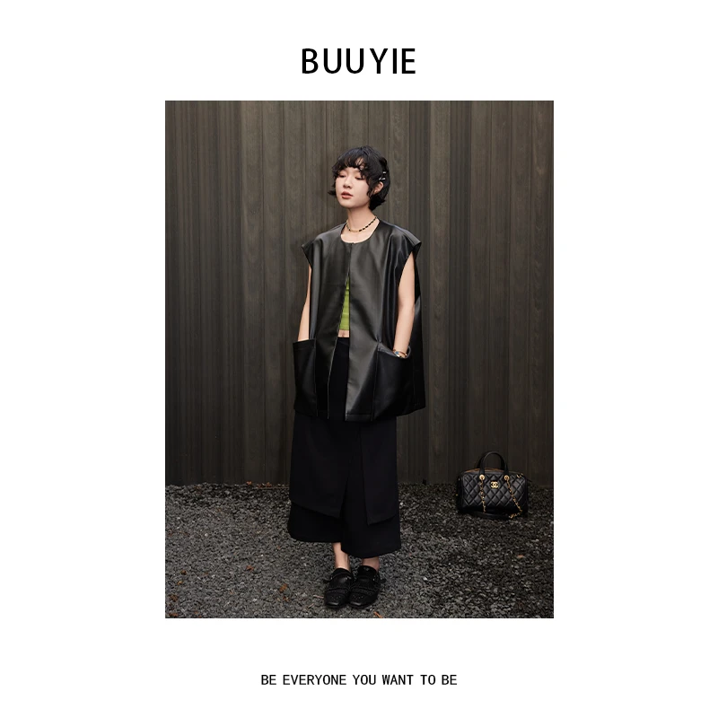 BUUYIE 25SS【浮码】高级感双口袋宽松百搭PU皮马夹 250790