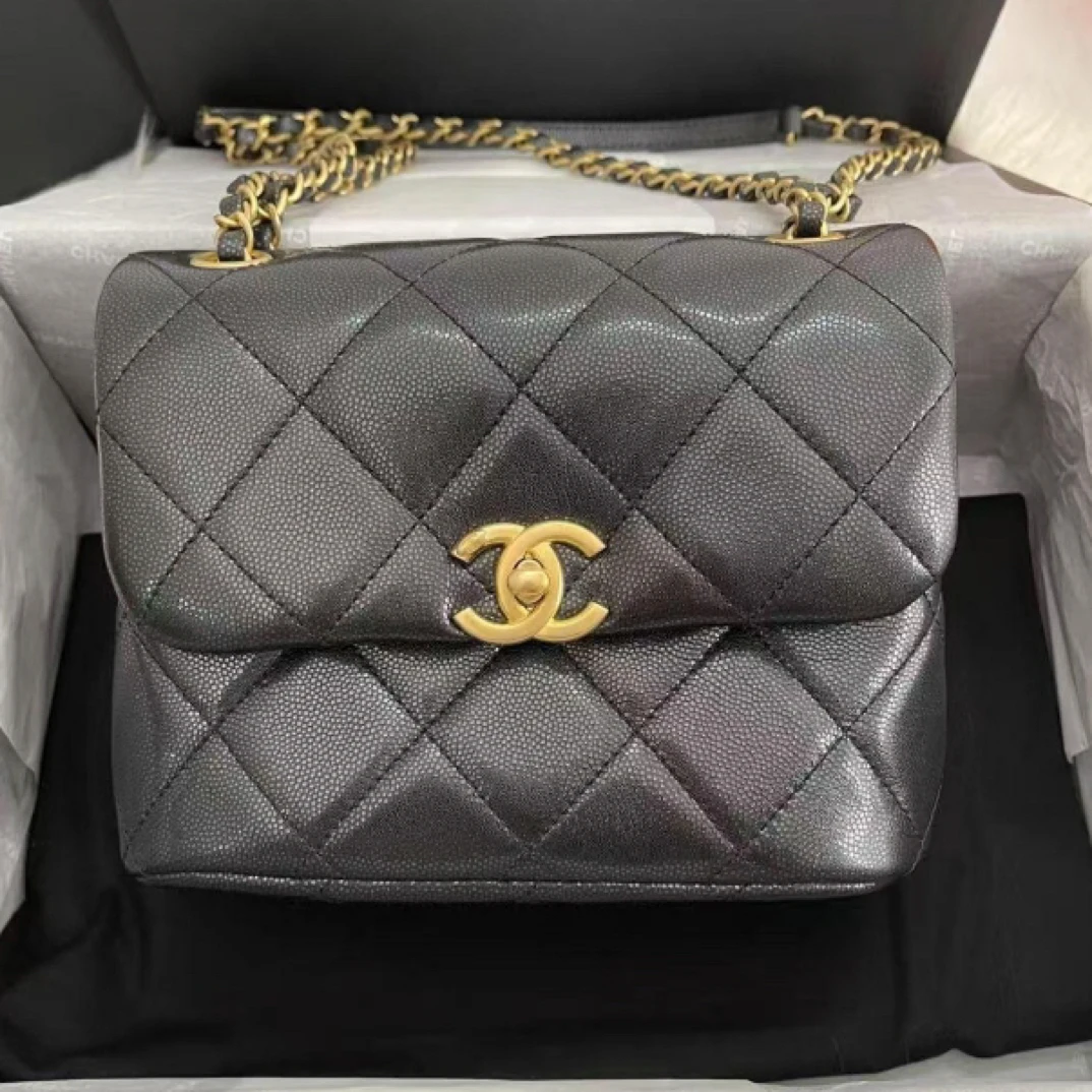 99新 Chanel/香奈儿 逸飞专属/单肩包/黑金荔枝纹方胖子
