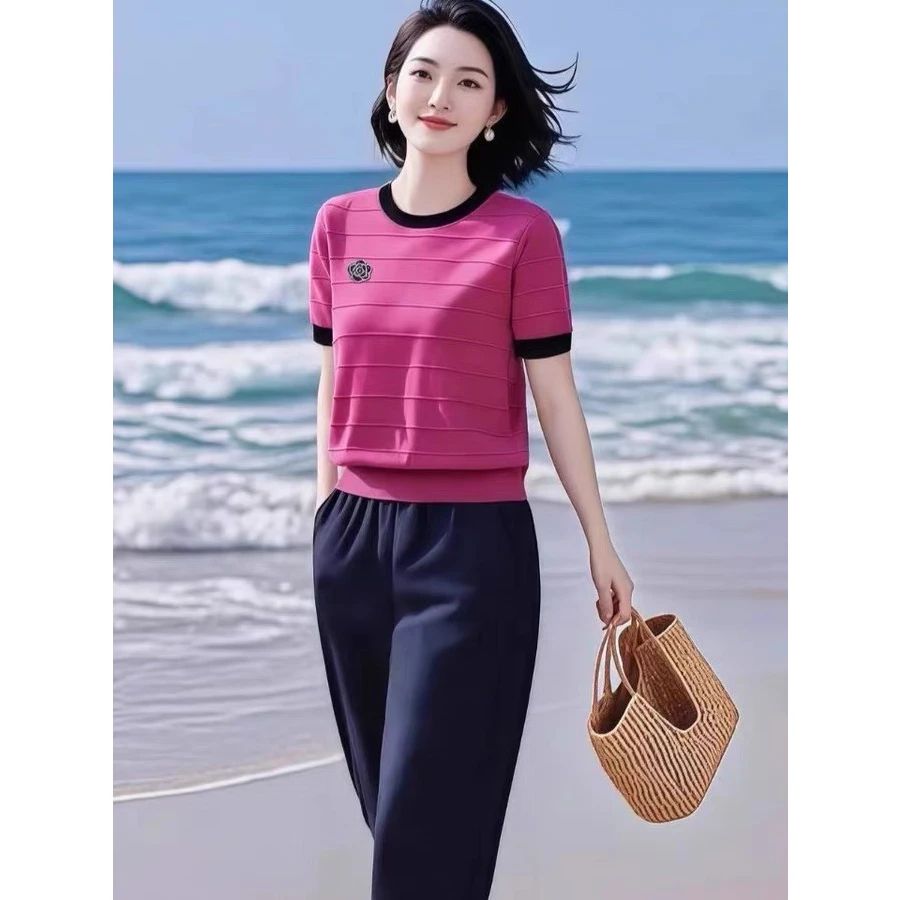 撞色冰丝凉爽山茶花遮肉圆领短袖T恤针织衫夏季宽松显瘦舒适上衣