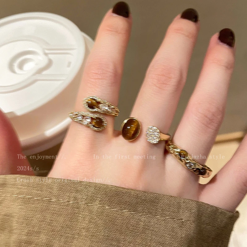 铜合金戒指 美拉德虎眼石戒指女生轻奢高级感食指戒时尚个性指环