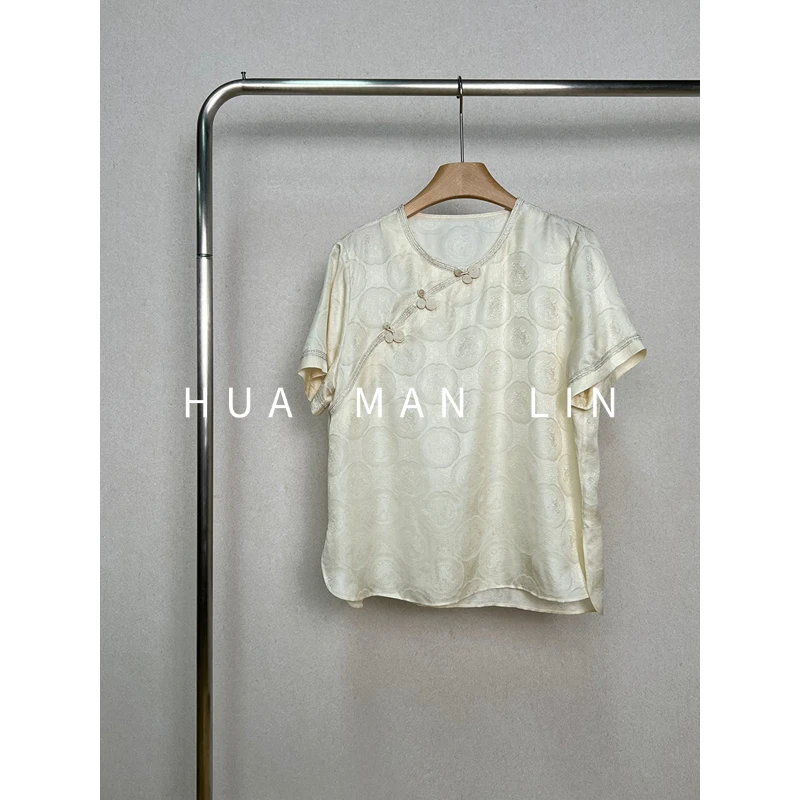 【花满林】圆领斜门襟撞色织带花罗真丝桑蚕丝短袖上衣259117