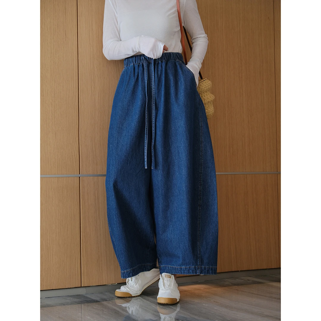 麻霖原创设计夏新品简约大气柔软廓形松紧腰抽绳分割弧形休闲裤