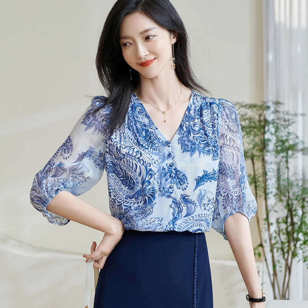 【希蓝专属】2025新款V领衬衫中国风上衣女5M24BXS3484