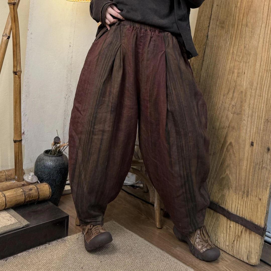 2024冬季新款休闲百搭高定数码印花夹棉砂洗亚麻棉裤女