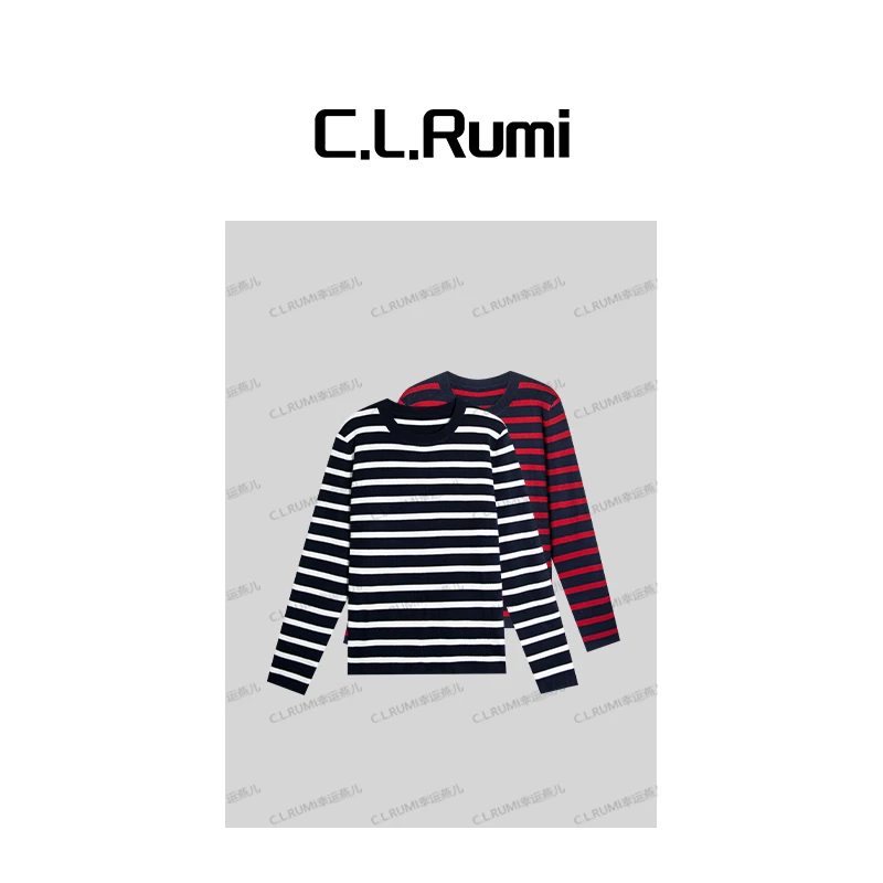 【燕子甄选】“订单款”休闲撞色条纹圆领长袖保暖针织衫上衣6360my