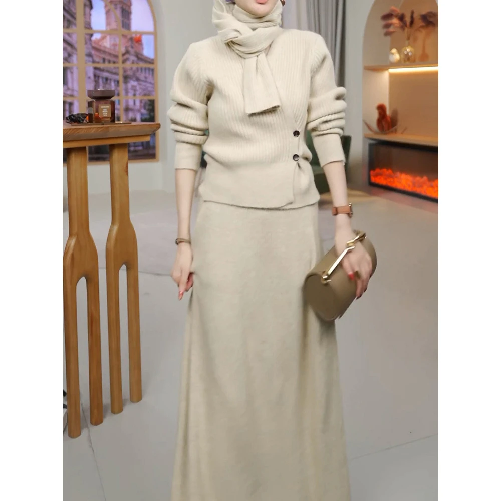 时尚休闲减龄针织套装女2025秋冬新款慵懒气质显瘦针织衫+半身裙