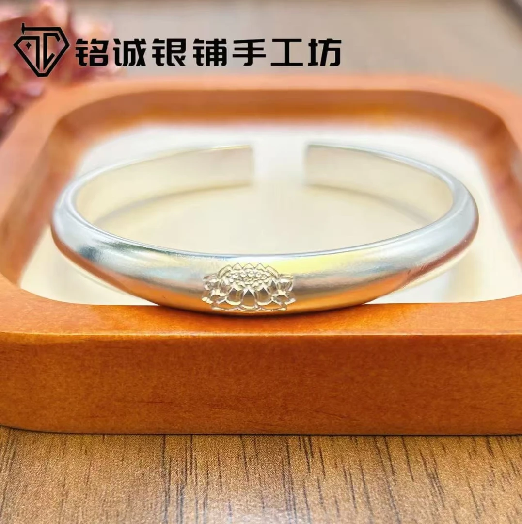 足银手镯 【铭诚银铺】原创手工足银999开口莲花泥鳅背足银手镯