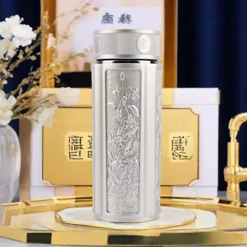 TG龙凤呈祥银杯中式复古便携家用高端高档创意防烫银色水杯保温杯