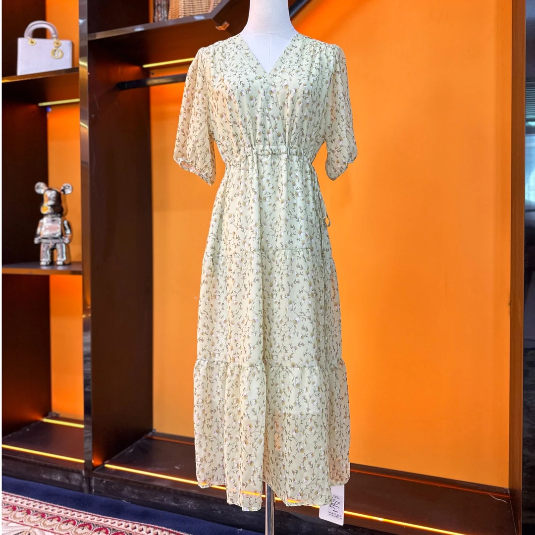 (312)新款夏季显瘦气质轻奢收腰长款法式温柔印花黄色碎花连衣裙