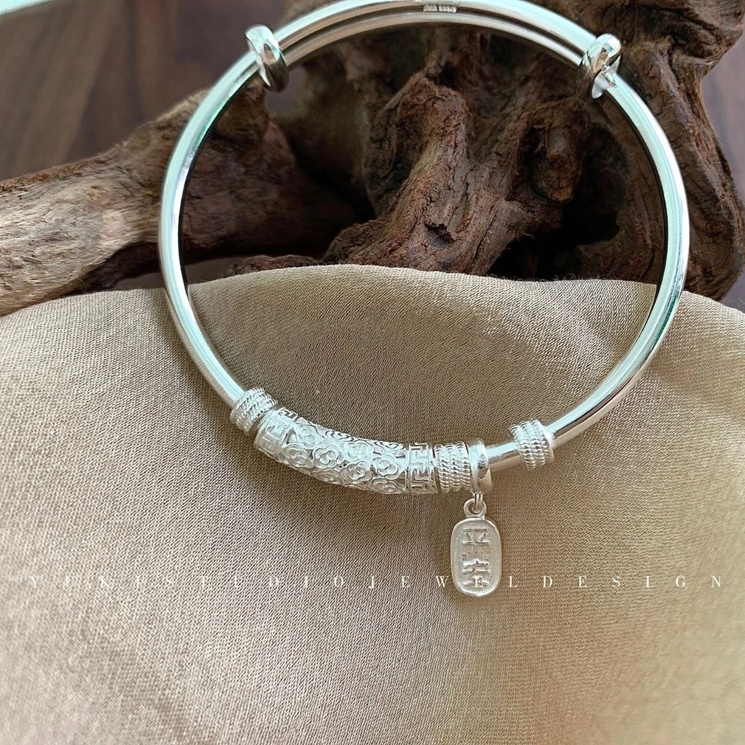 足银手镯 假一赔十足银999.9平安喜乐祥云弯管手镯