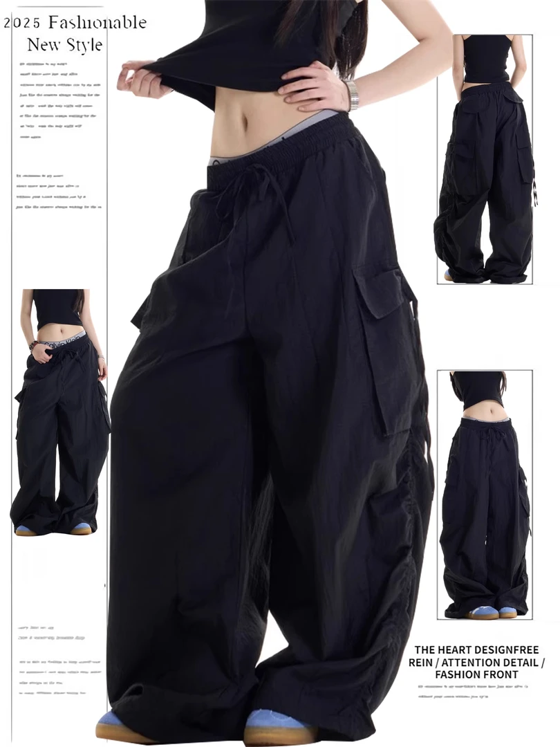 美式复古辣妹黑色多口袋薄款工装裤女夏季款宽松显瘦阔腿伞兵裤子