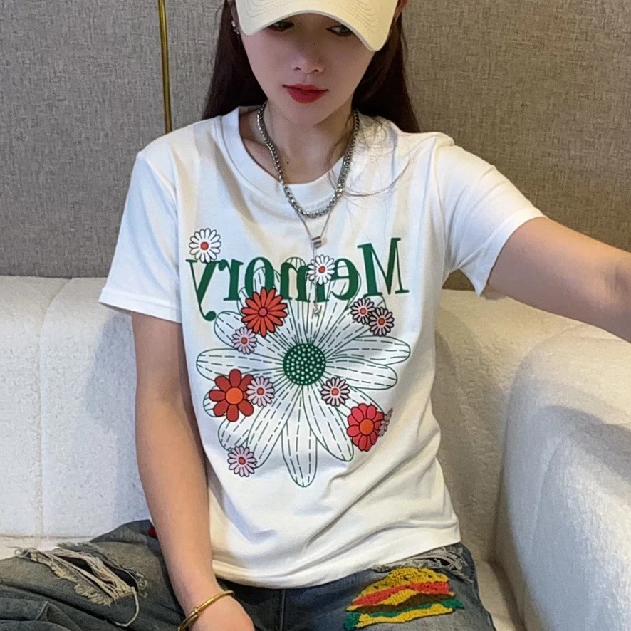 【100%纯棉】短袖T恤女休闲2025新款百搭修身显瘦夏季印花上衣231#