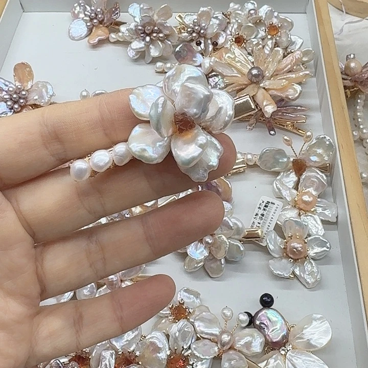 淡水珍珠发饰银S925镶嵌山*花