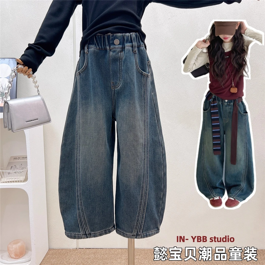 童装女童加绒牛仔裤2025冬款儿童洋气一体绒弯刀裤香蕉裤牛仔裤子