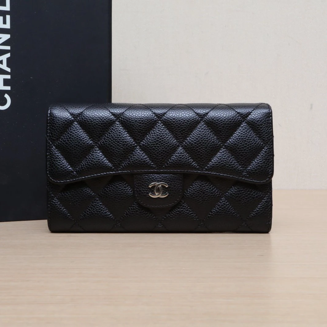 95新 Chanel/香奈儿 【双双】CF 长款三折口盖钱包 黑色 21开