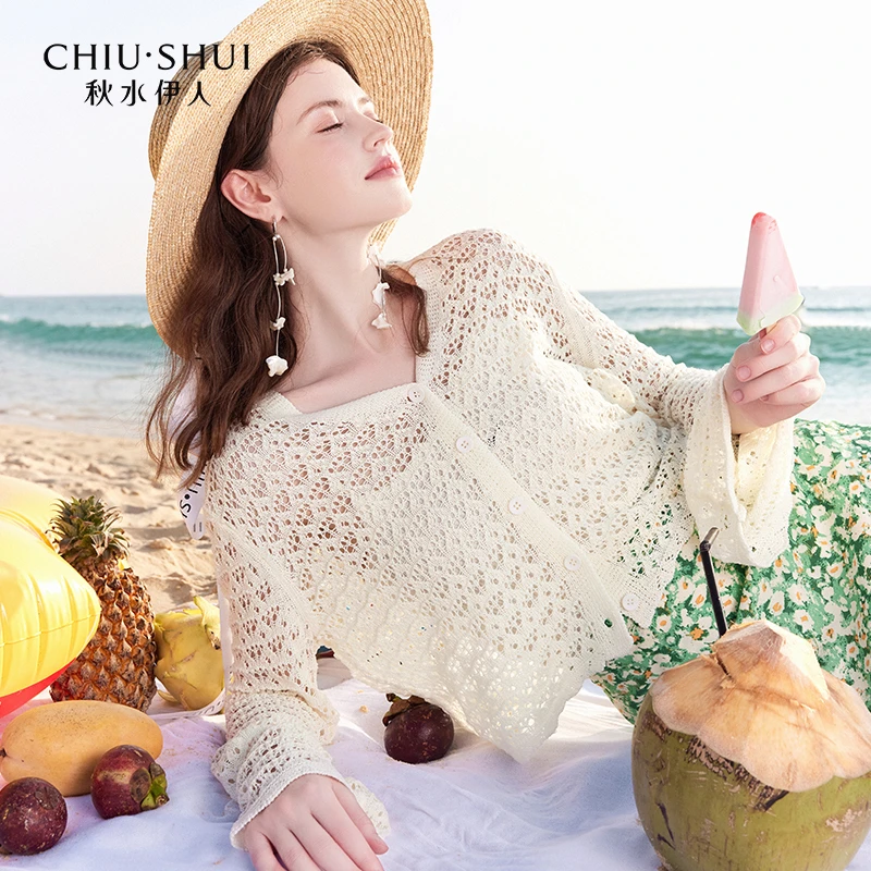 【直播】秋水伊人气质V领镂空针织开衫夏季新款女装甜美喇叭0194