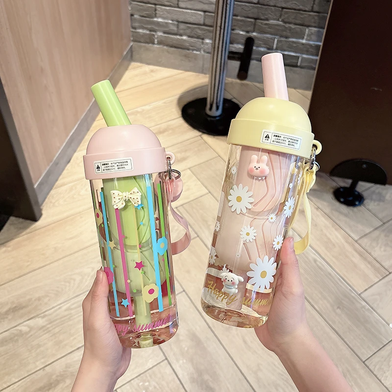 水杯夏季女生便携高颜值吸管杯塑料耐高温带茶隔学生2025新款杯子