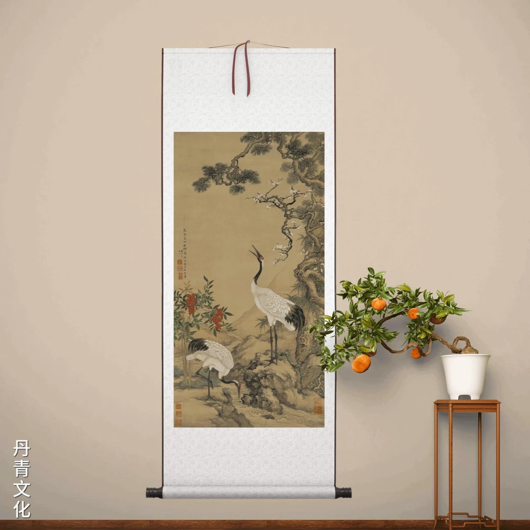 1:1清 沈铨 松梅双鹤图 延年益寿富贵吉祥玄关客厅装饰画微喷复制