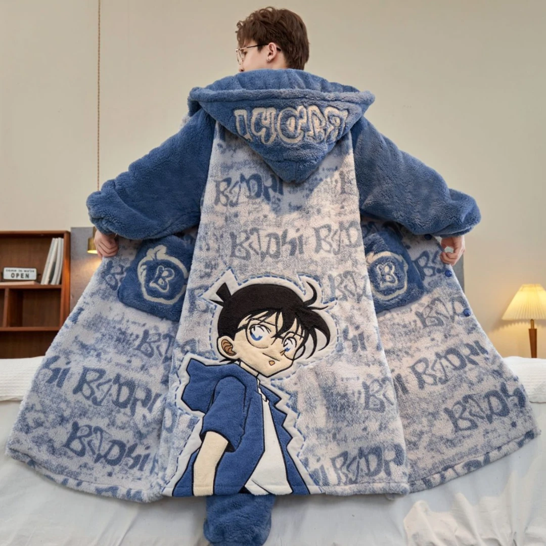 男士睡衣长袍冬季睡袍珊瑚绒加厚加绒青少年秋冬款保暖家居服套装