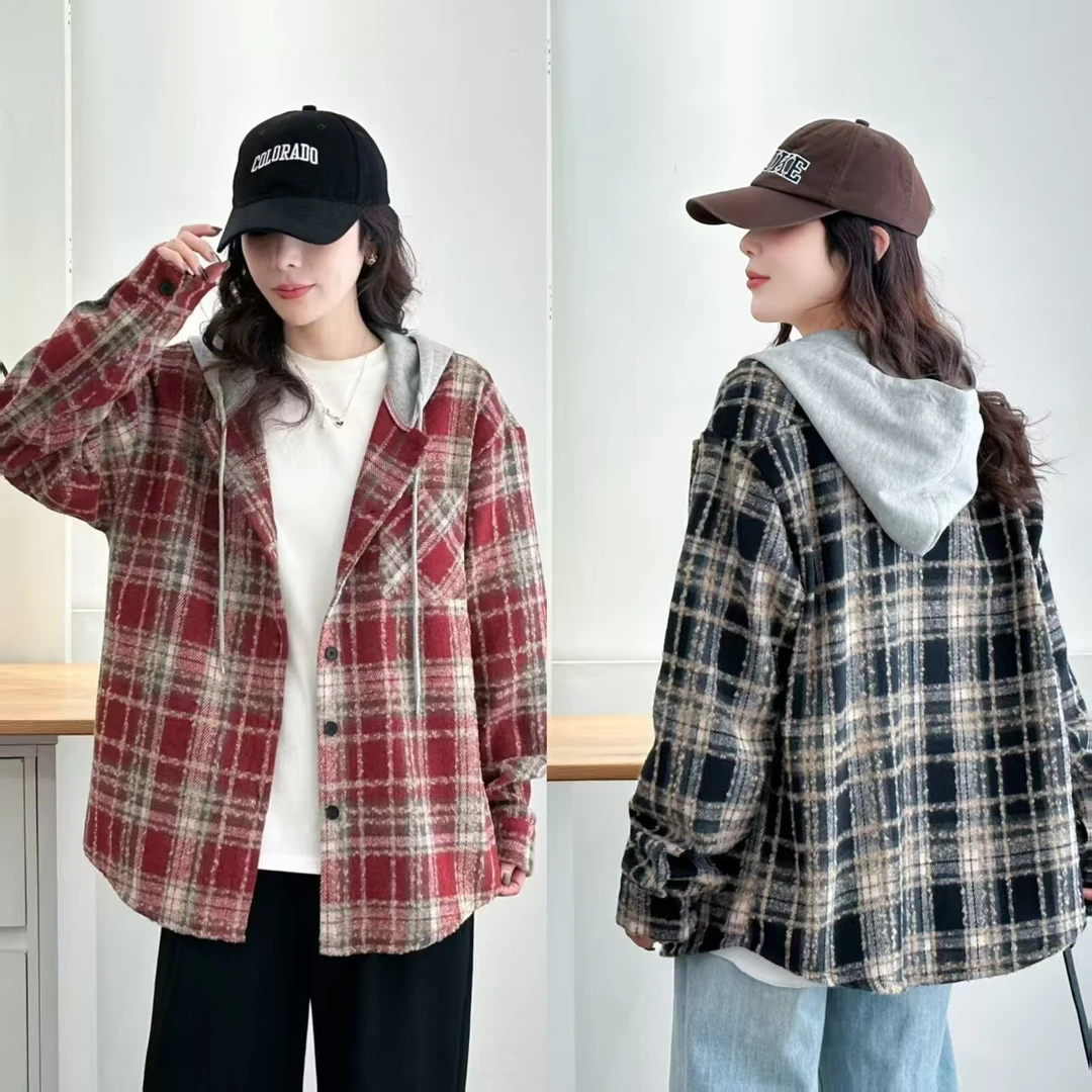 新款显瘦大码长袖休闲百搭宽松连帽春秋韩版格子衬衣外套934