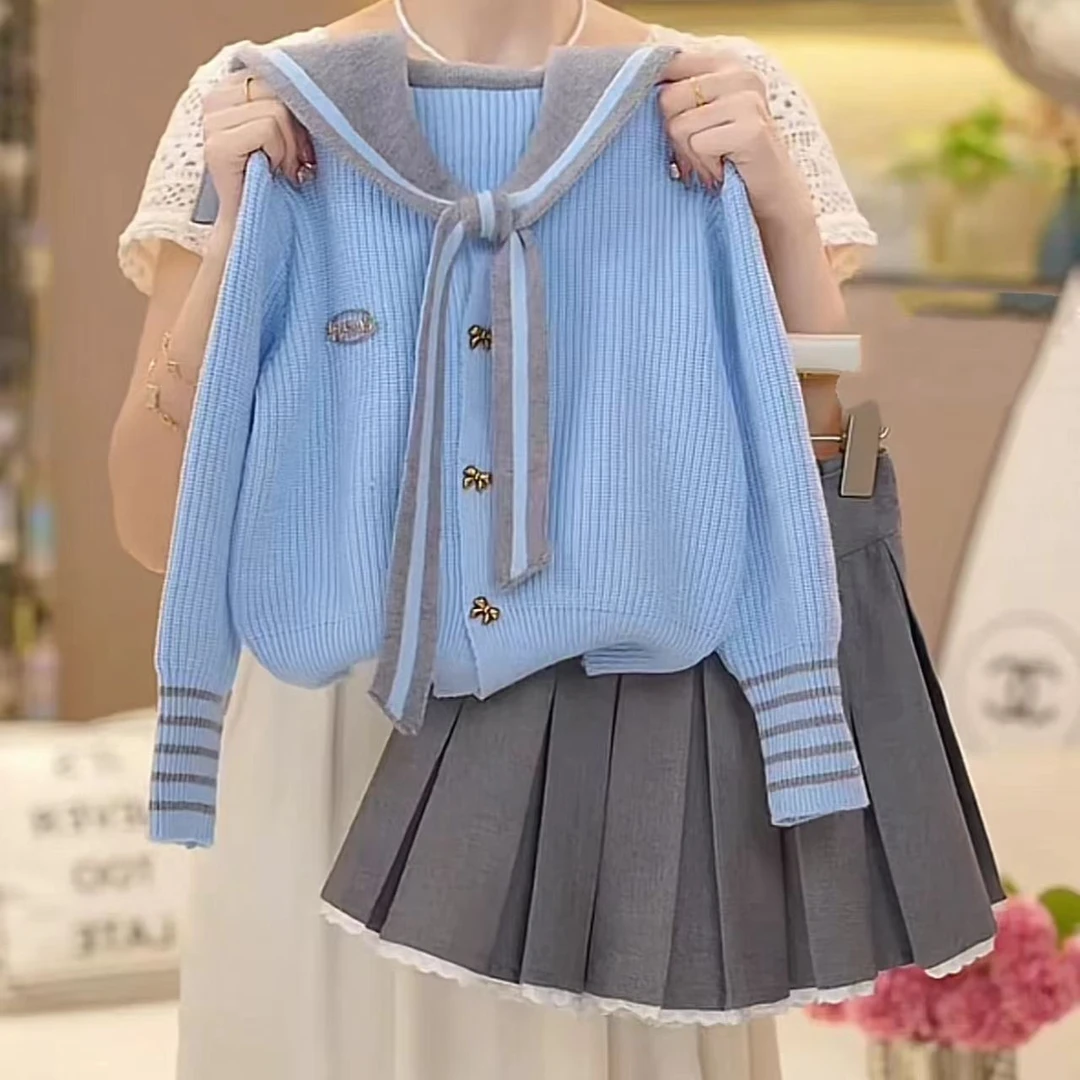 女童秋季套装韩系百搭2025新款春秋洋气针织开衫毛衣百褶裙两件套