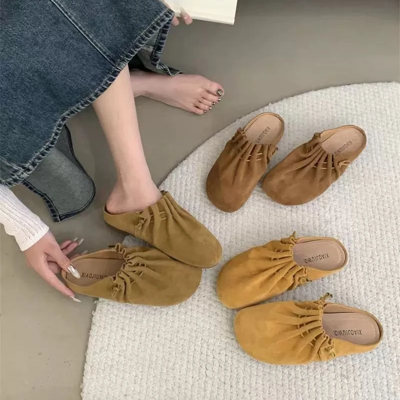 小众褶皱设计感复古百搭勃肯鞋女2025春季新款气质一脚蹬包头半拖