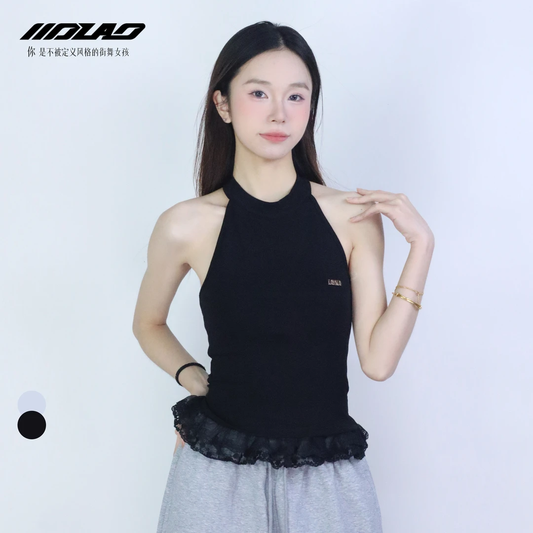 大佬街舞潮牌蕾丝下摆绑带挂脖无袖背心通勤辣妹修身显瘦夏季X231