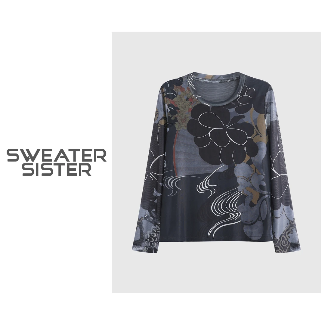 简约宽松撞色百搭花卉印花长袖T恤女6699-262