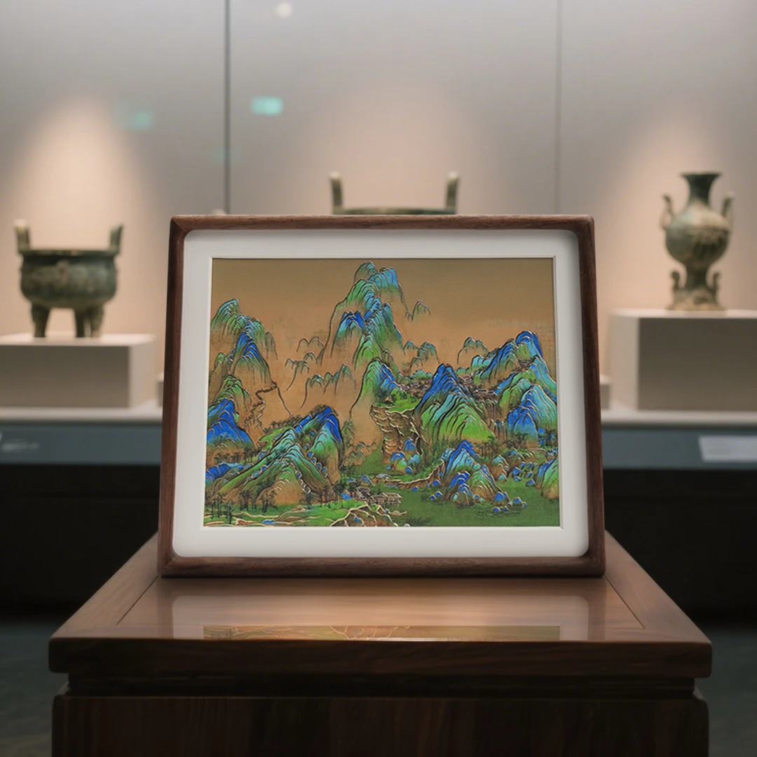 锦界手工錾刻《千里江山》铜雕画实木框新中式桌面玄关电视柜装饰画