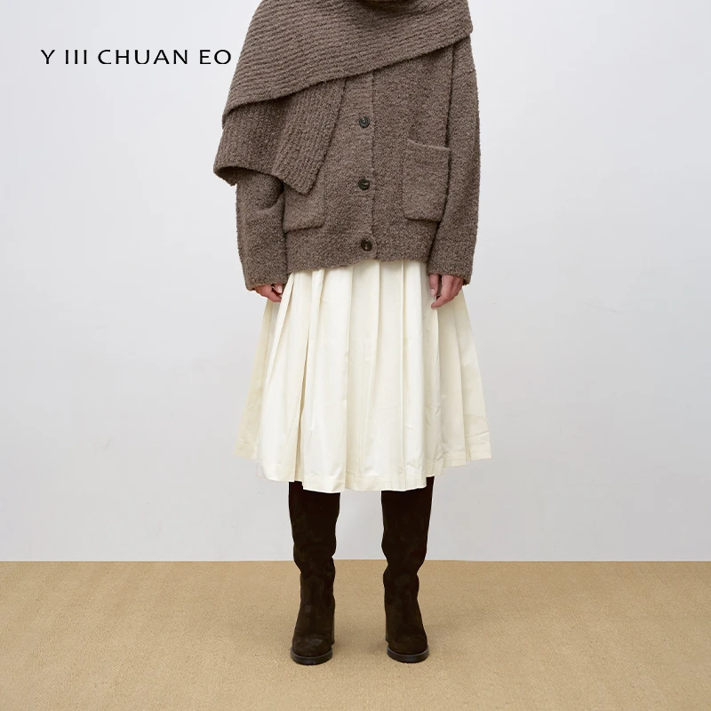 Y III CHUAN EO一川原创高腰显瘦通勤A字阔摆棉麻感百褶半身裙女