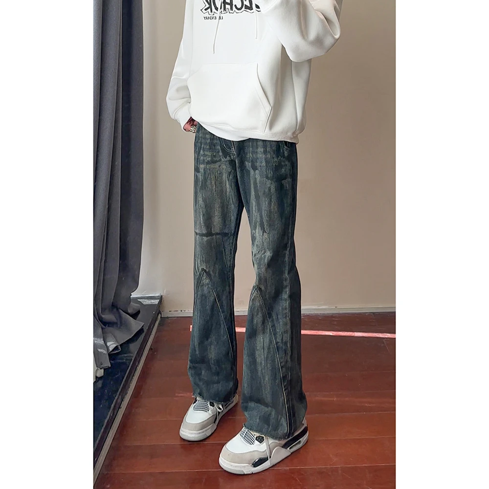美式高街宽松牛仔裤设计感扎染百搭潮牌高级微喇阔腿裤子男女同款
