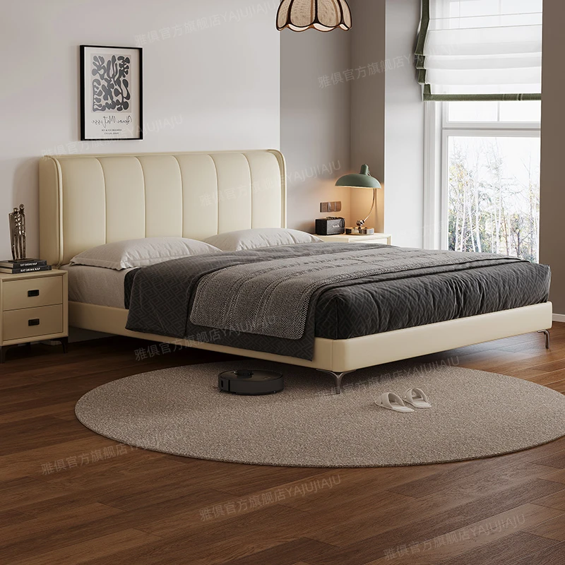 【YAJU/雅俱钢琴键高脚床】臻享版奶油风原木风简约现代头层牛皮床