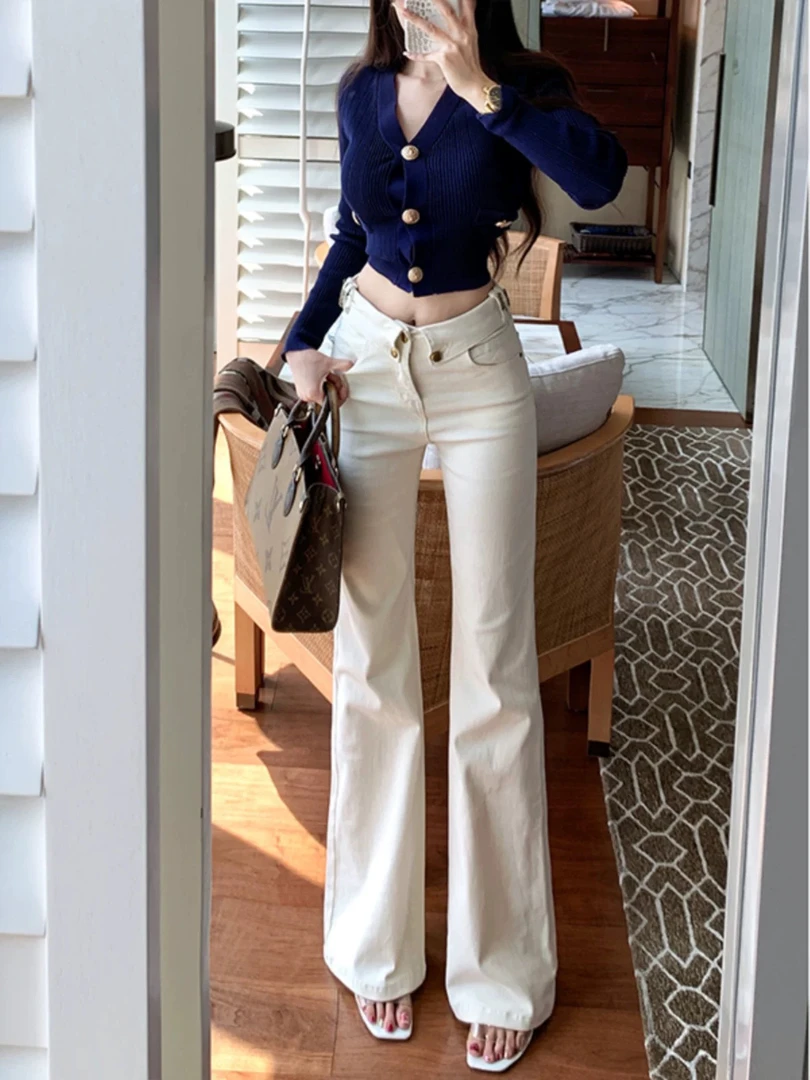 米白高腰翻边字母微喇牛仔裤女夏季新款显高显瘦不贴腿（默认瑕疵）