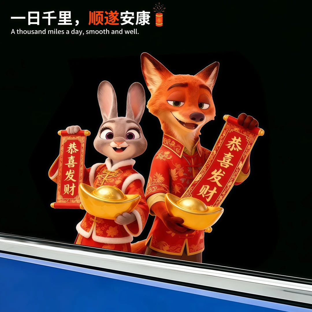 新年系列疯狂动物城朱迪尼克汽车后车窗三角窗玻璃防水装饰贴纸