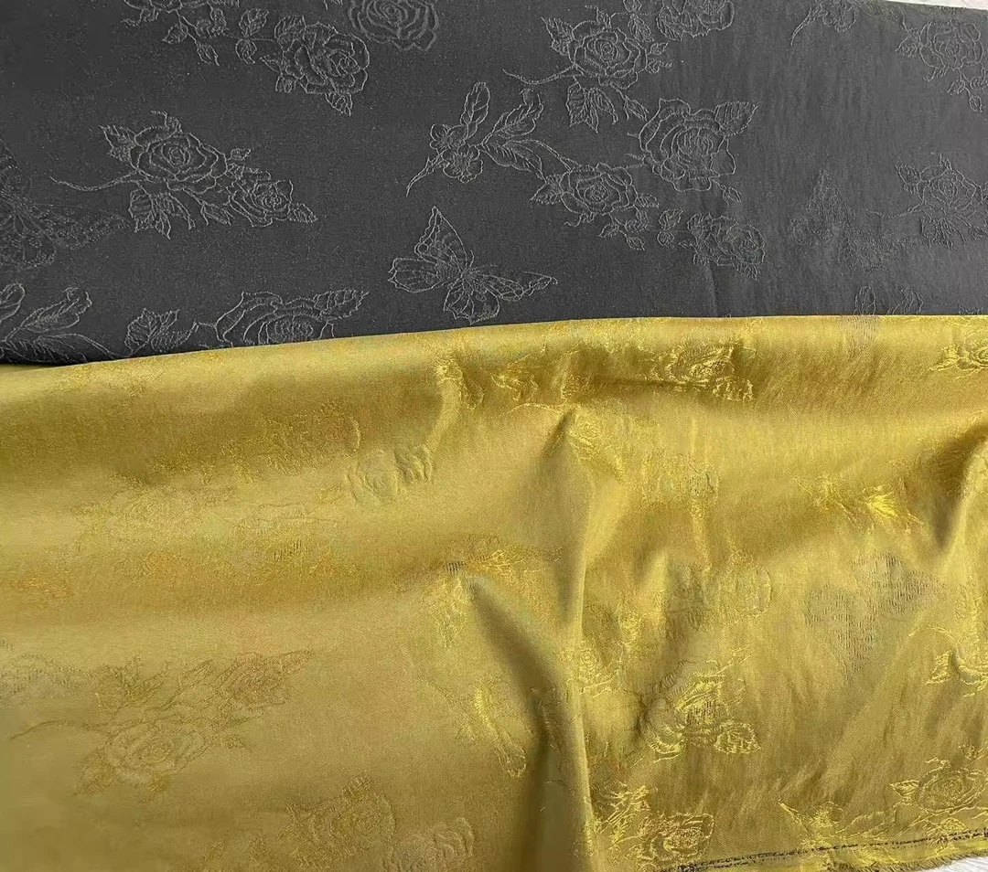 蝴蝶玫瑰重磅真丝香云纱油丝面料新中式旗袍连衣裙马甲服装面料
