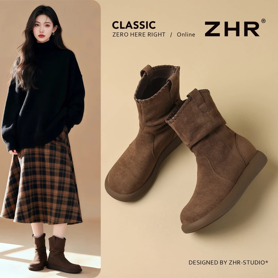 ZHR堆堆靴女秋冬新款美拉德勃肯色复古废土风短靴百搭西部骑士靴