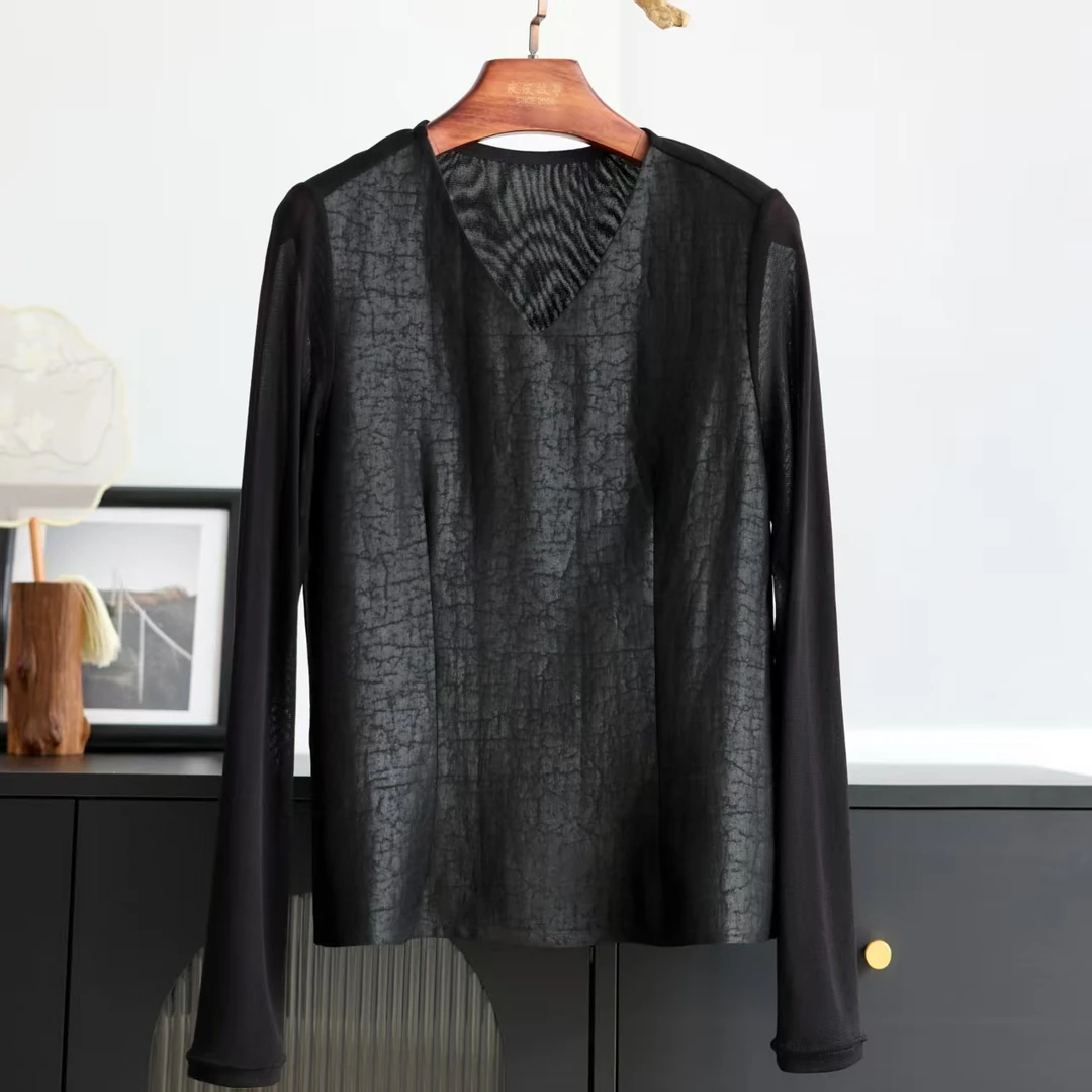 【V领打底上衣】黑龟红龟香云纱100桑蚕丝长袖简洁大方dz015
