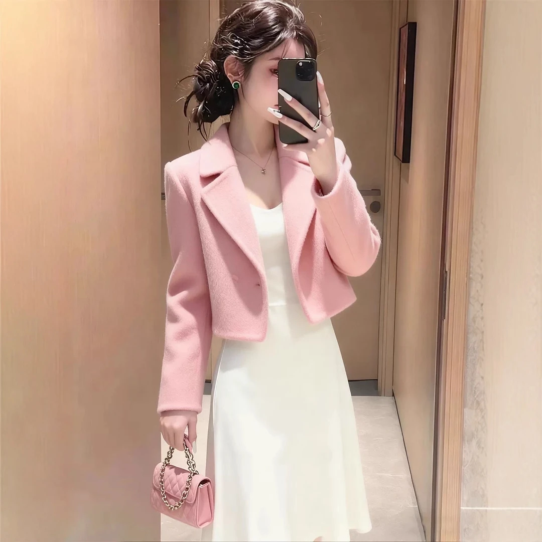 2025新款千金风粉色短款西装外套吊带裙女翻领高级感气质减龄上衣