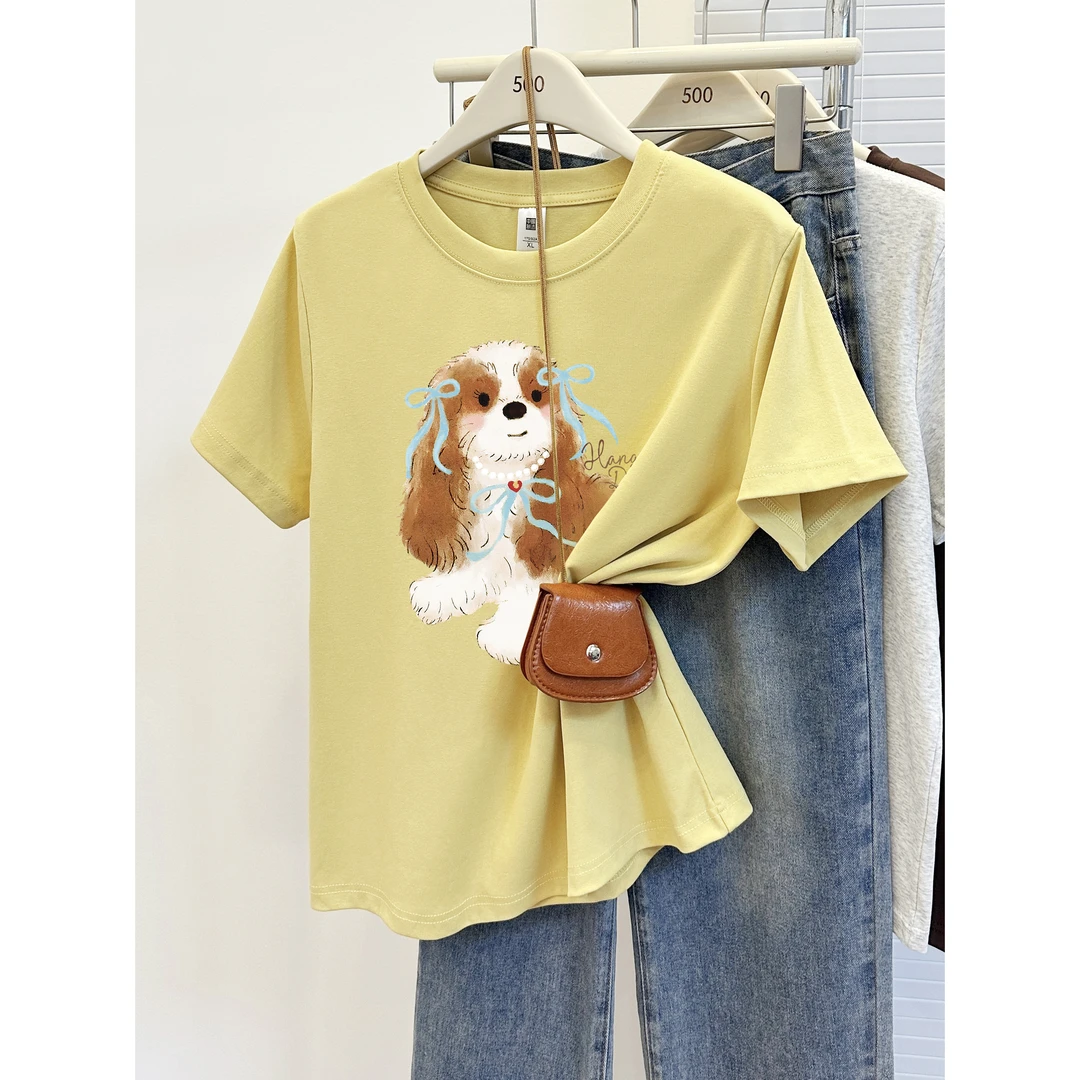 大码胖mm设计感别致正肩短袖t恤女夏季新款洋气小狗印花显瘦上衣