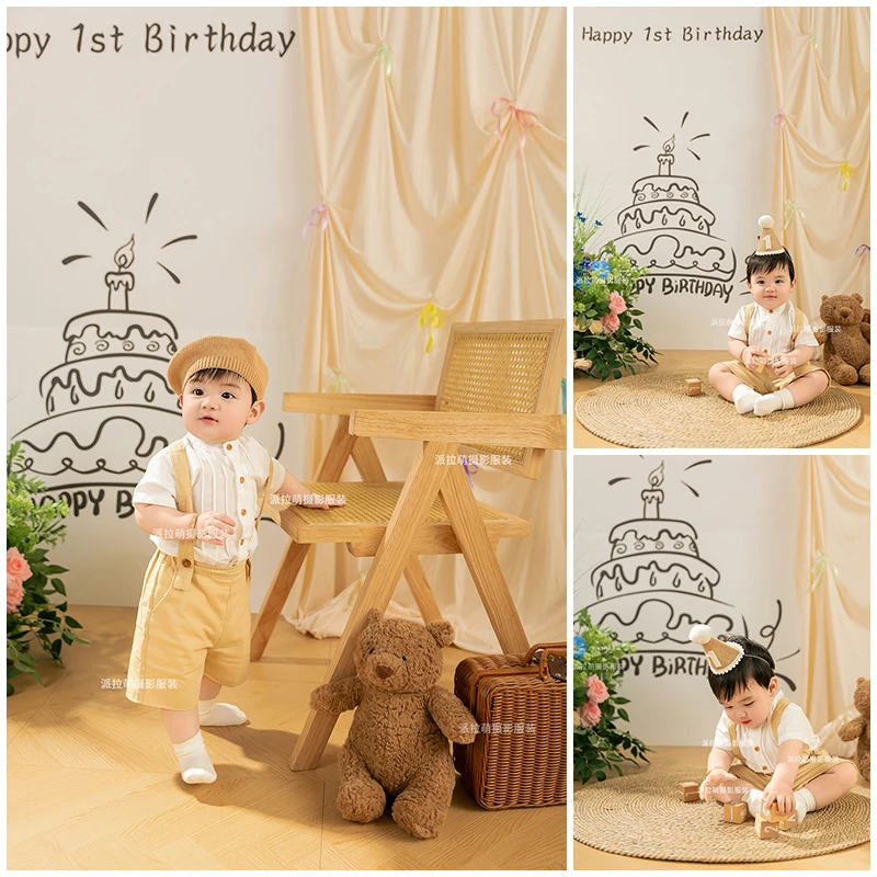 卡其色儿童服装：不可错过的周岁照相机同款啦啦熊生日照背带裤