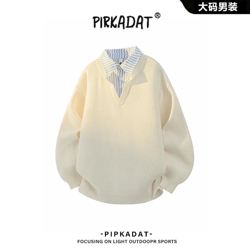 Pirkadat秋季新款假两件POLO翻领针织毛衣男韩系小众潮流宽松上衣