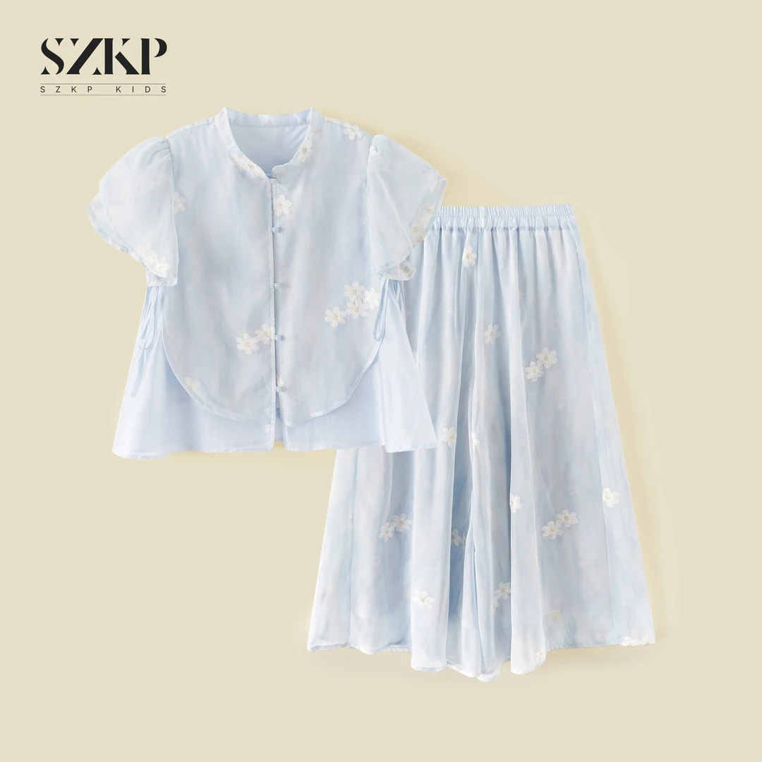 SZKP薄款透气绣花中国风洋气套装女童夏季新款儿童时尚甜美两件套