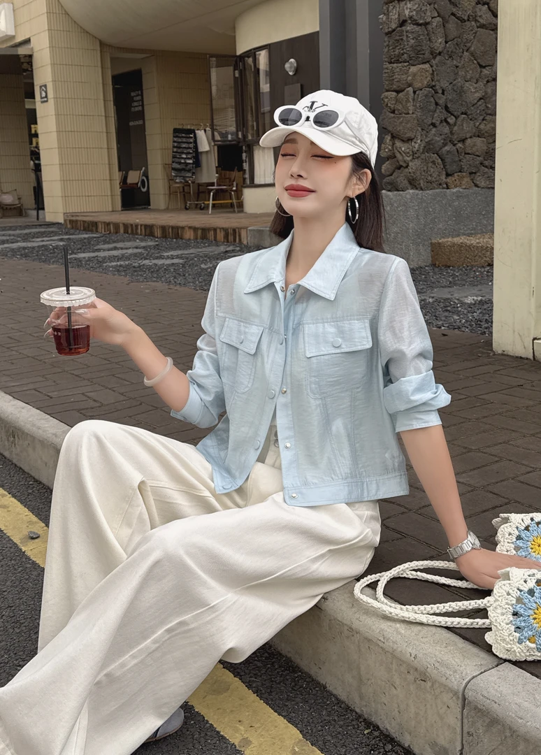 【欧蔓依】 OMYB2515薄款休闲风防晒落肩袖衬衫设计感气质夏季显瘦