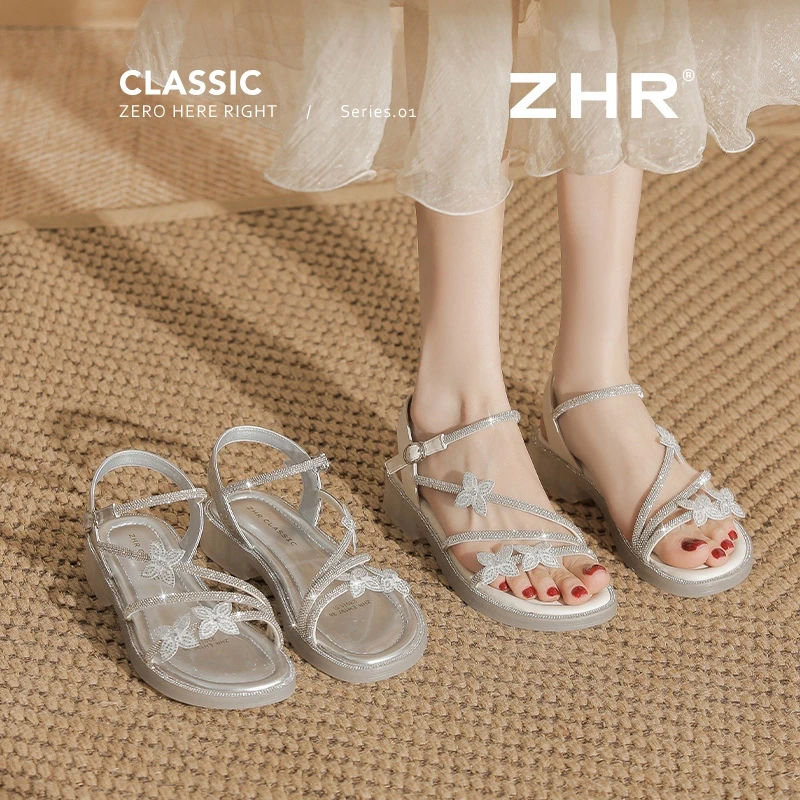ZHR/则则凉鞋女夏季新款平底水钻扣透气百搭软底学外穿休闲沙滩鞋
