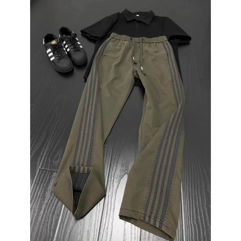 美式条纹冰丝裤子男春秋cleanfit军绿色直筒裤子三条杠休闲运动裤
