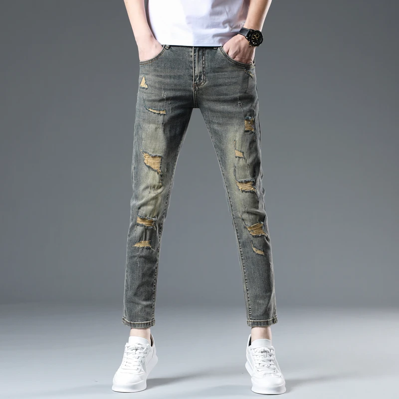 2025新款破洞裤子男夏季薄款潮流弹力修身小脚休闲九分牛仔裤男士