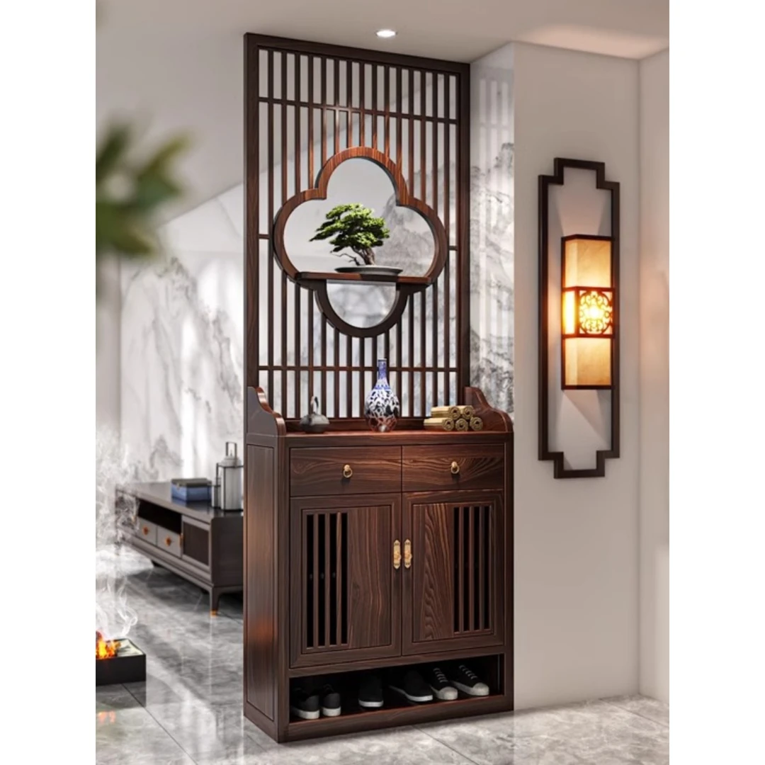 新中式入户玄关柜现代屏风隔断格栅遮挡客厅实木一体鞋柜置物定制