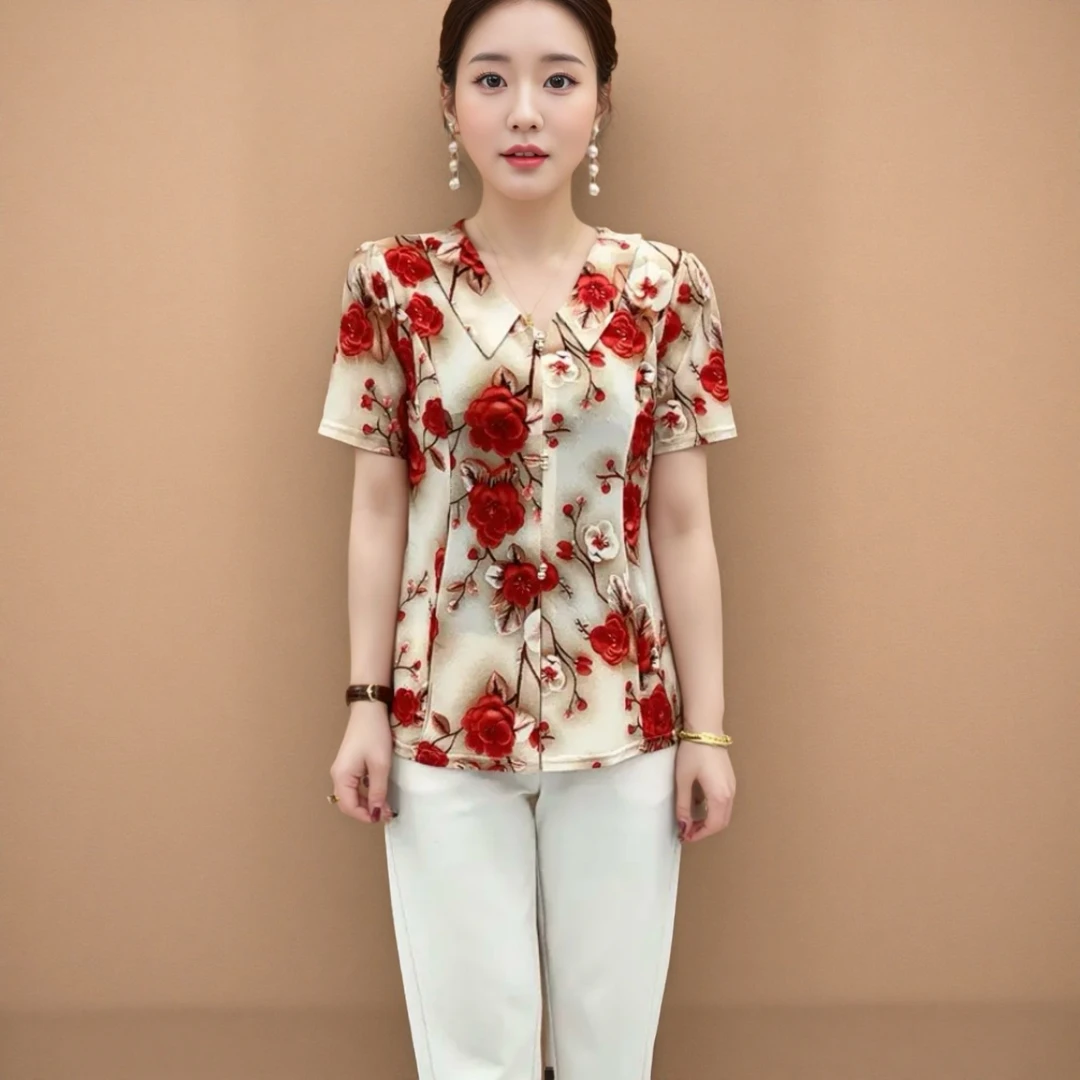 时尚妈妈装夏季短袖t恤上衣显瘦高弹力夏装薄款中老年女装遮肚子